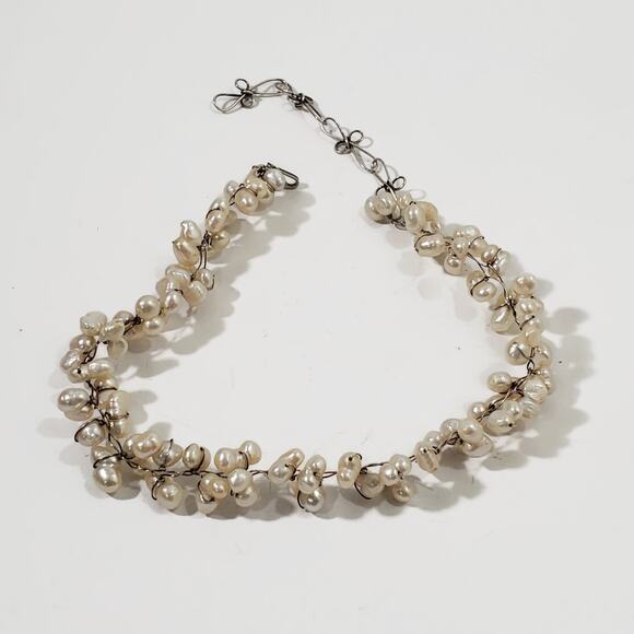 Handcrafted Jewelry - Freshwater Potato Pearl Wire Wrapped Sterling Silver Necklace 18"